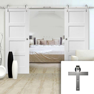 Image: Double Sliding Door & Stainless Steel Barn Track - Shaker 4P Door - White Primed