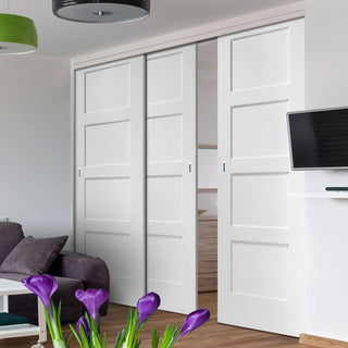 Image: Three Sliding Doors and Frame Kit - Shaker 4P Door - White Primed