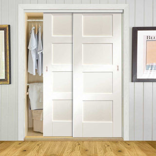 Image: Two Sliding Wardrobe Doors & Frame Kit - Shaker Door - White Primed