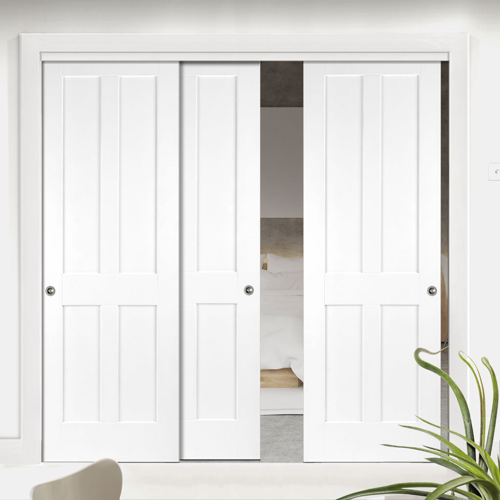 Pass-Easi Three Sliding Doors and Frame Kit - Victorian Shaker 4 Panel Door - White Primed