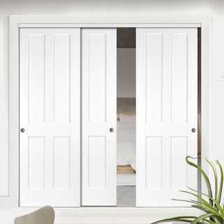 Image: Pass-Easi Three Sliding Doors and Frame Kit - Victorian Shaker 4 Panel Door - White Primed