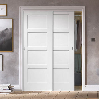 Image: Two Sliding Wardrobe Doors & Frame Kit - Shaker 4P Door - White Primed