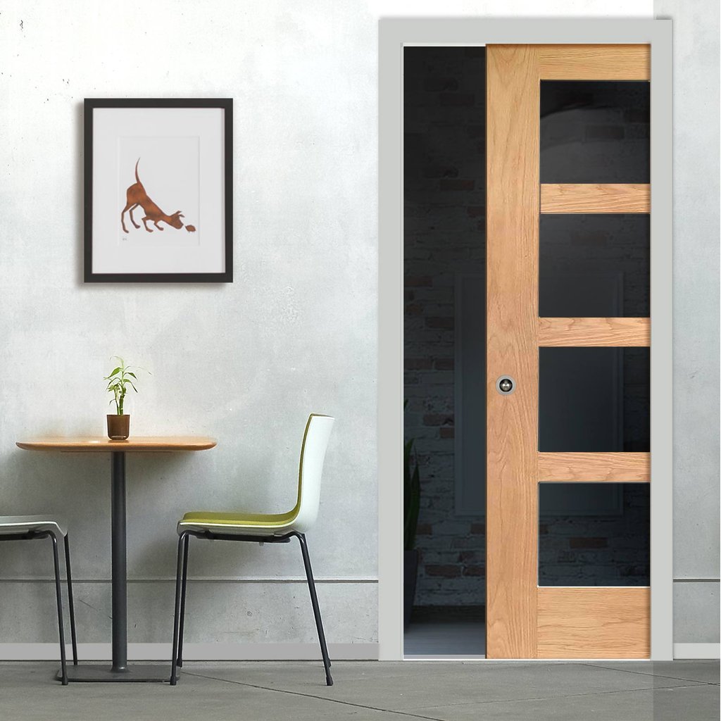 Shaker Oak 4 Pane Single Evokit Pocket Door - Clear Glass