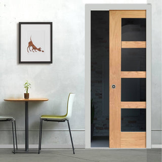 Image: Shaker Oak 4 Pane Single Evokit Pocket Door - Clear Glass