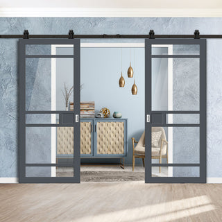 Image: Top Mounted Black Sliding Track & Solid Wood Double Doors - Eco-Urban® Sheffield 5 Pane Doors DD6312G - Clear Glass - Stormy Grey Premium Primed