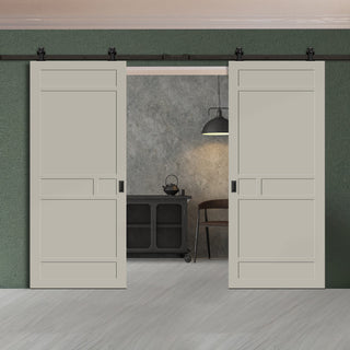 Image: Top Mounted Black Sliding Track & Solid Wood Double Doors - Eco-Urban® Sheffield 5 Panel Doors DD6312 - Mist Grey Premium Primed