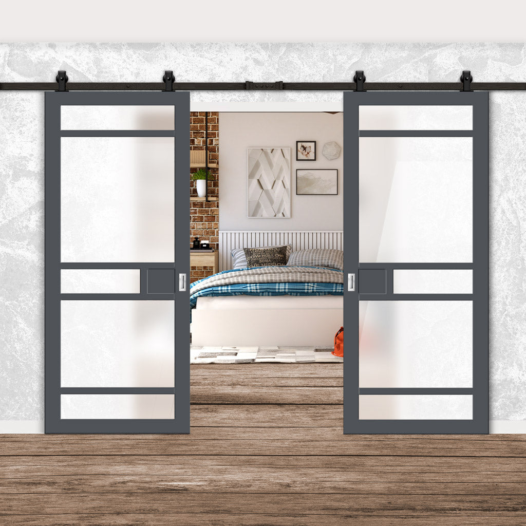 Top Mounted Black Sliding Track & Solid Wood Double Doors - Eco-Urban® Sheffield 5 Pane Doors DD6312SG - Frosted Glass - Stormy Grey Premium Primed