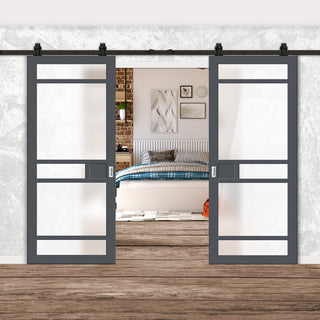 Image: Top Mounted Black Sliding Track & Solid Wood Double Doors - Eco-Urban® Sheffield 5 Pane Doors DD6312SG - Frosted Glass - Stormy Grey Premium Primed