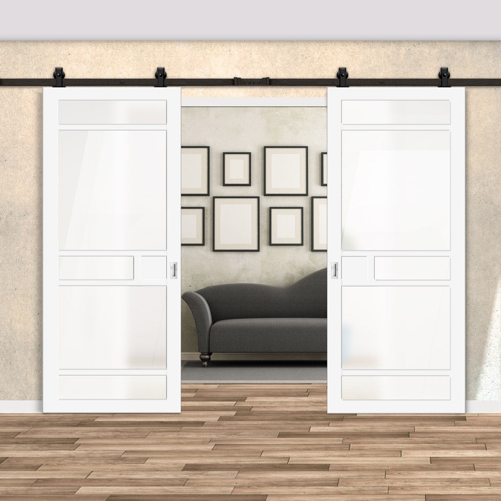 Top Mounted Black Sliding Track & Solid Wood Double Doors - Eco-Urban® Sheffield 5 Pane Doors DD6312SG - Frosted Glass - Cloud White Premium Primed