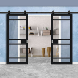 Image: Top Mounted Black Sliding Track & Solid Wood Double Doors - Eco-Urban® Sheffield 5 Pane Doors DD6312SG - Frosted Glass - Shadow Black Premium Primed