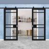 Top Mounted Black Sliding Track & Solid Wood Double Doors - Eco-Urban® Sheffield 5 Pane Doors DD6312SG - Frosted Glass - Shadow Black Premium Primed