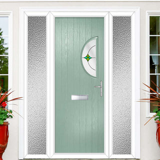 Image: Cottage Style Shelby 1 Composite Front Door Set with Double Side Screen - Hnd Laptev Green Glass - Shown in Chartwell Green