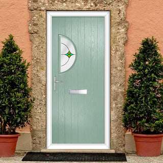 Image: Cottage Style Shelby 1 Composite Front Door Set with Hnd Laptev Green Glass - Shown in Chartwell Green