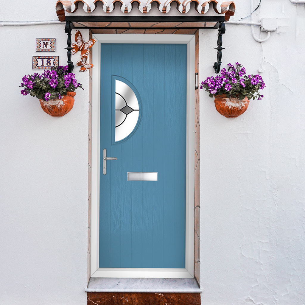 Cottage Style Shelby 1 Composite Front Door Set with Hnd Diamond Grey Glass - Shown in Pastel Blue