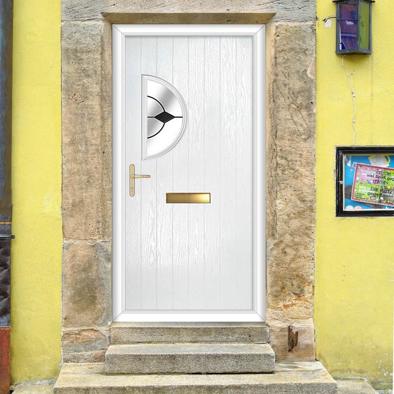 Cottage Style Shelby 1 Composite Front Door Set with Hnd Diamond Black Glass - Shown in White