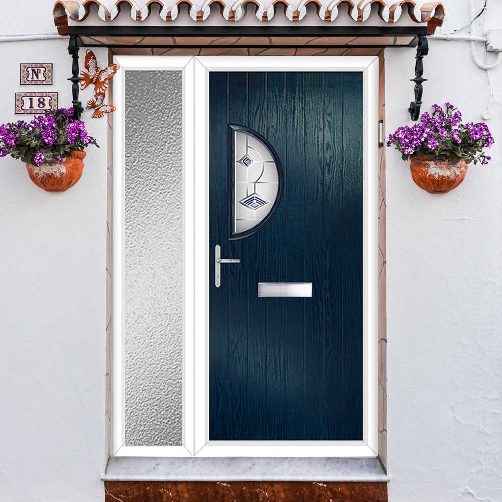 Cottage Style Shelby 1 Composite Front Door Set with Single Side Screen - Hnd Kupang Blue Glass - Shown in Blue
