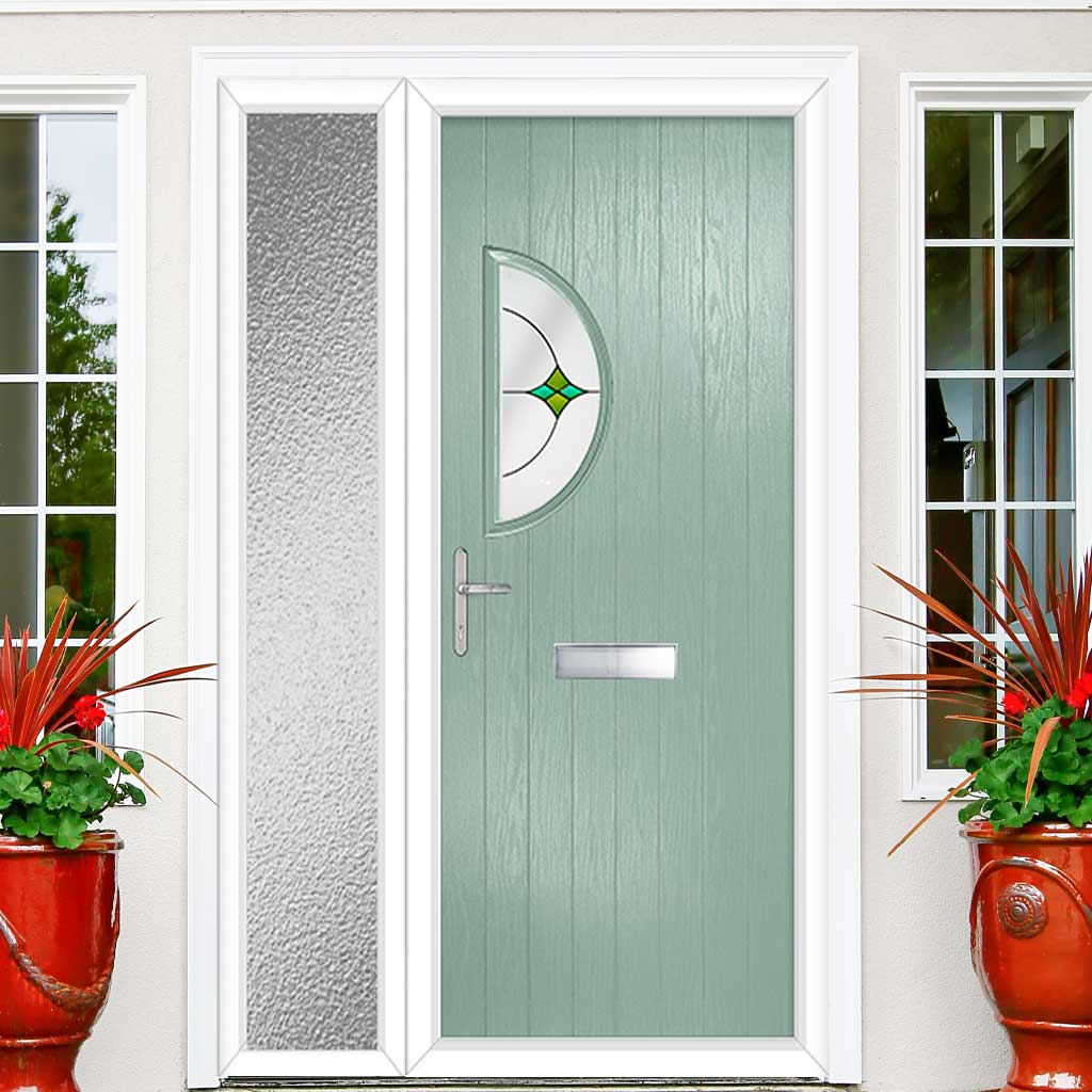 Cottage Style Shelby 1 Composite Front Door Set with Single Side Screen - Hnd Laptev Green Glass - Shown in Chartwell Green