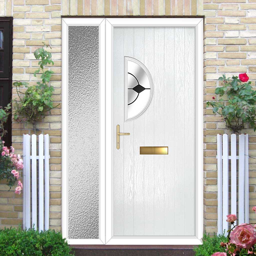 Cottage Style Shelby 1 Composite Front Door Set with Single Side Screen - Hnd Diamond Black Glass - Shown in White