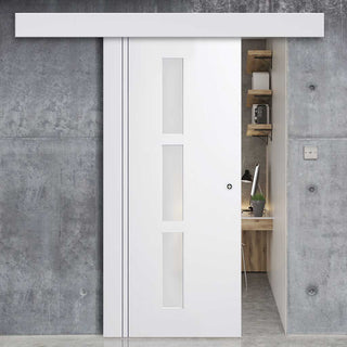 Image: Single Sliding Door & Wall Track - Sierra Blanco Door - Frosted Glass - White Painted