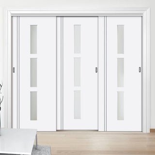 Image: Minimalist Wardrobe Door & Frame Kit - Three Sierra Blanco Doors - Frosted Glass - White Painted