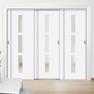 Image: Three Sliding Doors and Frame Kit - Sierra Blanco Door - Frosted Glass - White Painted