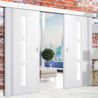 Image: Double Sliding Door & Wall Track - Sierra Blanco Doors - Frosted Glass - White Painted