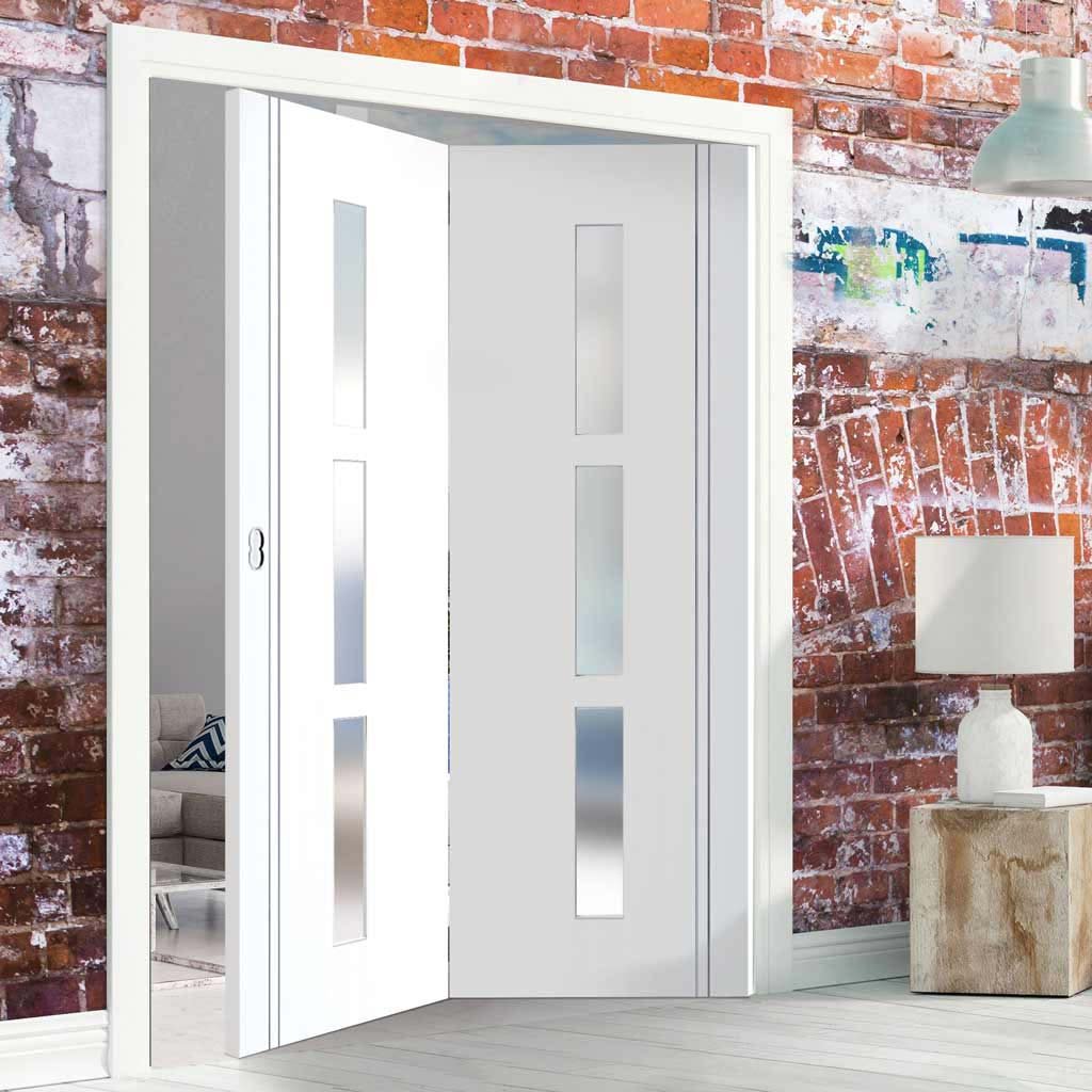 Two Folding Doors & Frame Kit - Sierra Blanco 2+0 - Frosted Glass - White Painted