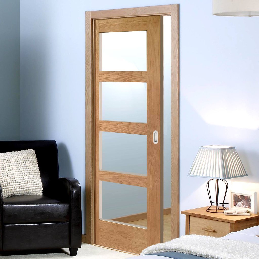 Shaker Oak 4 Pane Single Evokit Pocket Door - Clear Glass - Prefinished