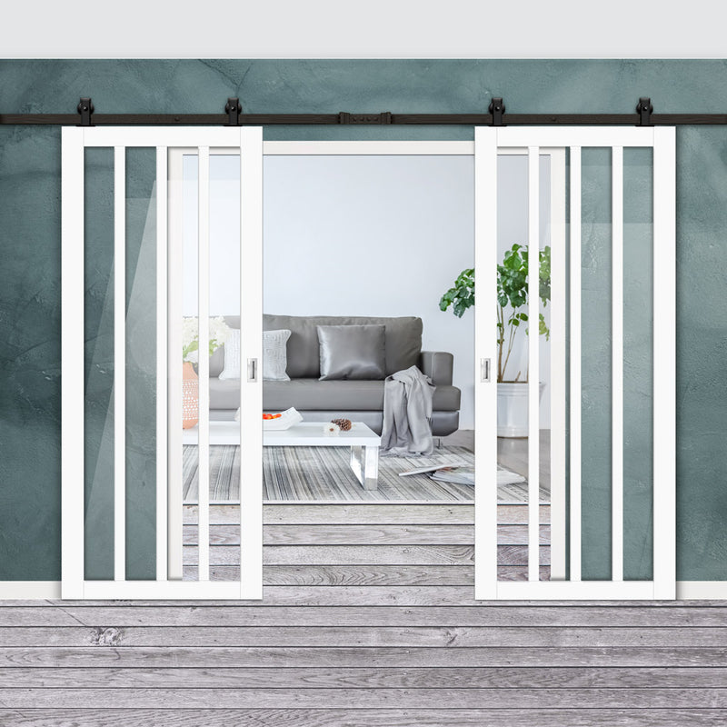 Top Mounted Black Sliding Track & Solid Wood Double Doors - Eco-Urban® Sintra 4 Pane Doors DD6428G Clear Glass - Cloud White Premium Primed