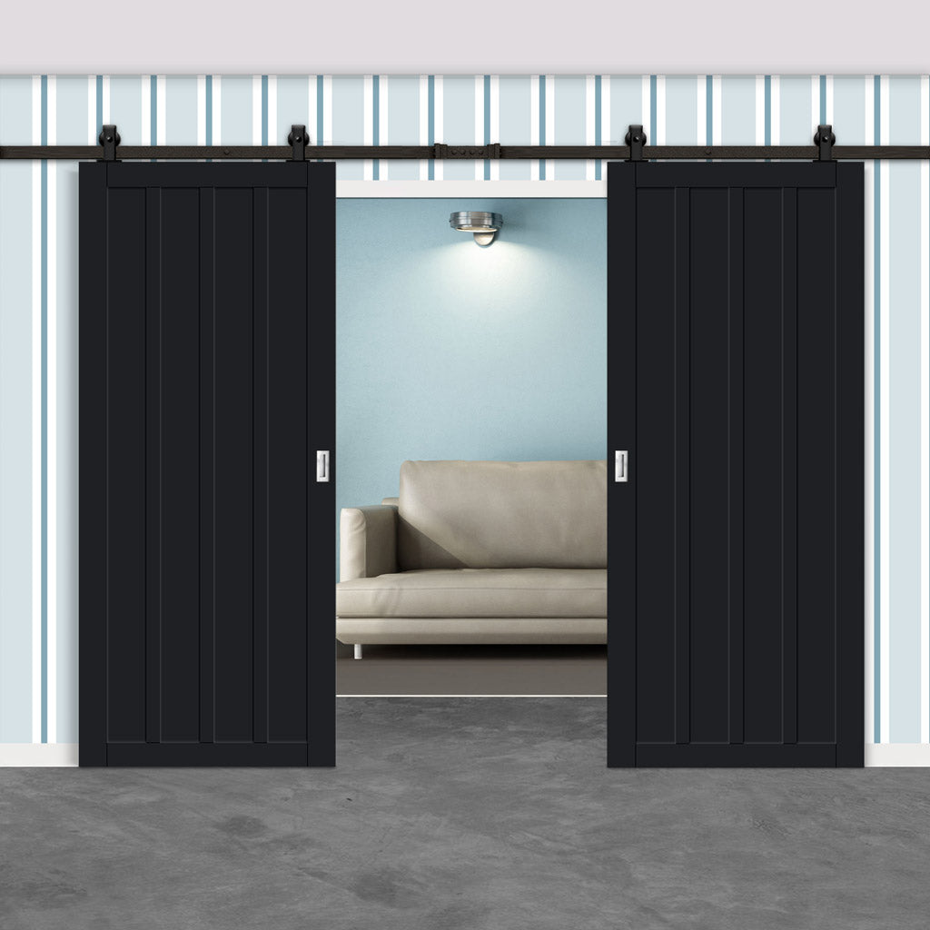 Top Mounted Black Sliding Track & Solid Wood Double Doors - Eco-Urban® Sintra 4 Panel Doors DD6428 - Shadow Black Premium Primed