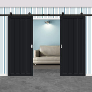 Image: Top Mounted Black Sliding Track & Solid Wood Double Doors - Eco-Urban® Sintra 4 Panel Doors DD6428 - Shadow Black Premium Primed