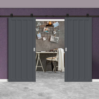 Image: Top Mounted Black Sliding Track & Solid Wood Double Doors - Eco-Urban® Sintra 4 Panel Doors DD6428 - Stormy Grey Premium Primed