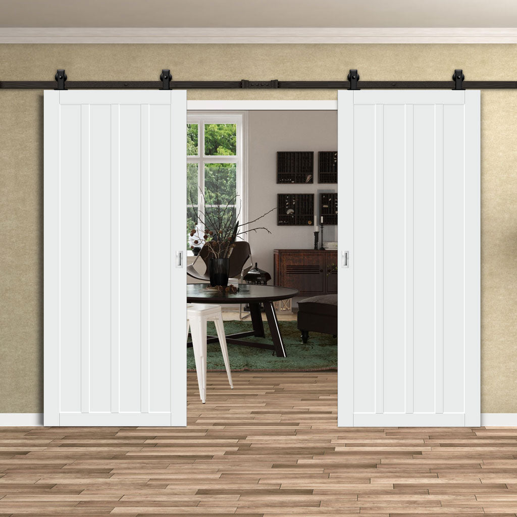 Top Mounted Black Sliding Track & Solid Wood Double Doors - Eco-Urban® Sintra 4 Panel Doors DD6428 - Cloud White Premium Primed