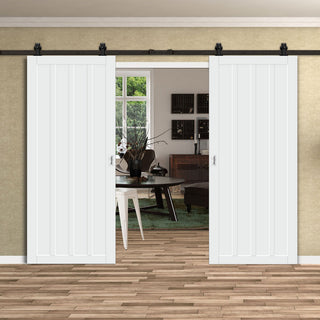 Image: Top Mounted Black Sliding Track & Solid Wood Double Doors - Eco-Urban® Sintra 4 Panel Doors DD6428 - Cloud White Premium Primed