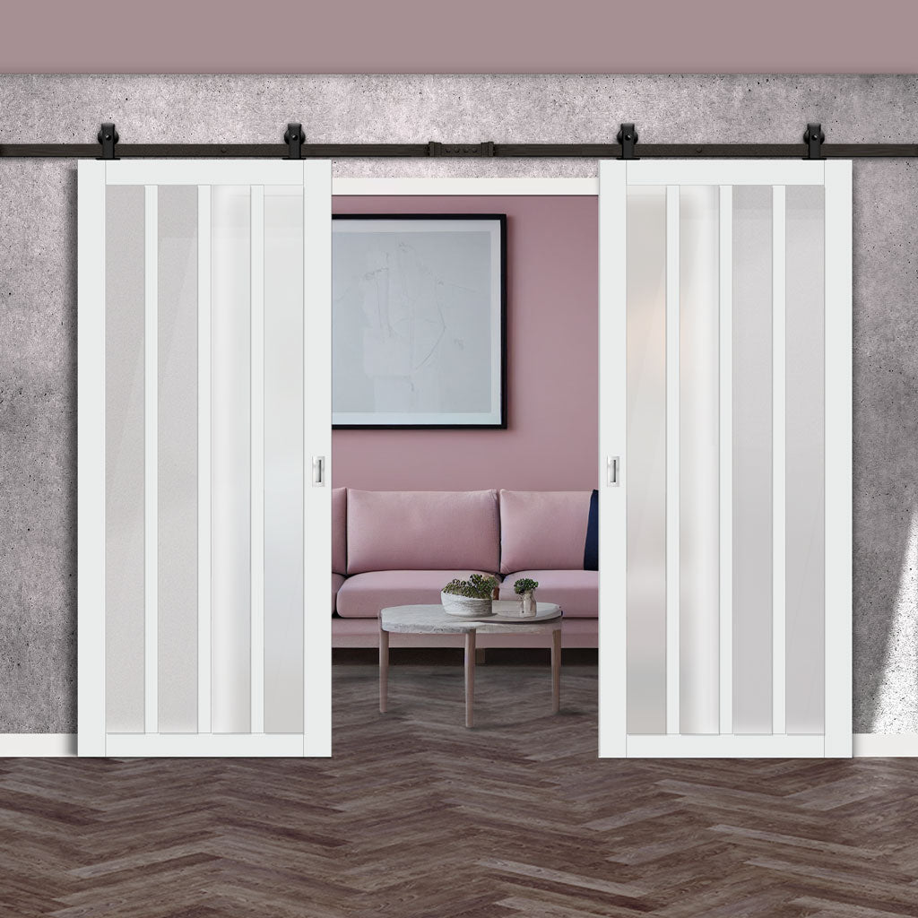 Top Mounted Black Sliding Track & Solid Wood Double Doors - Eco-Urban® Sintra 4 Pane Doors DD6428SG Frosted Glass - Cloud White Premium Primed