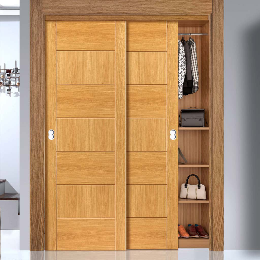 Two Sliding Wardrobe Doors & Frame Kit - Sirocco Flush Oak Door - Prefinished
