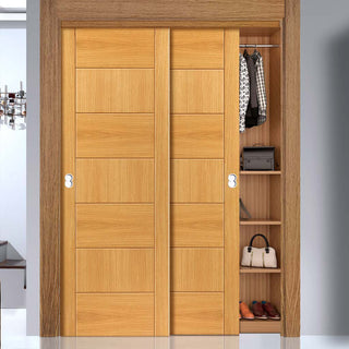 Image: Two Sliding Wardrobe Doors & Frame Kit - Sirocco Flush Oak Door - Prefinished