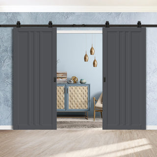 Image: Top Mounted Black Sliding Track & Solid Wood Double Doors - Eco-Urban® Skye 4 Panel Doors DD6435 - Stormy Grey Premium Primed