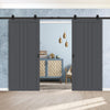 Top Mounted Black Sliding Track & Solid Wood Double Doors - Eco-Urban® Skye 4 Panel Doors DD6435 - Stormy Grey Premium Primed