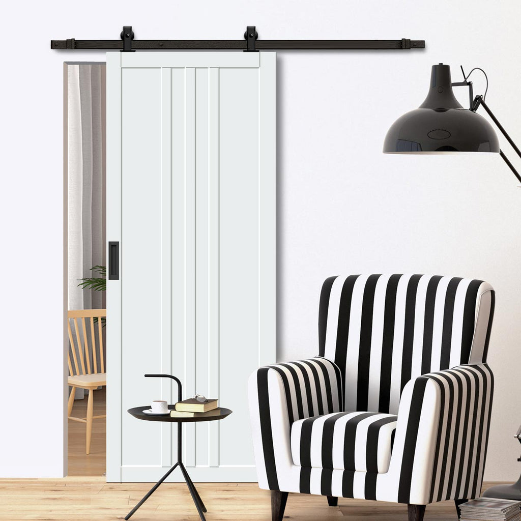 Top Mounted Black Sliding Track & Solid Wood Door - Eco-Urban® Skye 4 Panel Solid Wood Door DD6435 - Cloud White Premium Primed