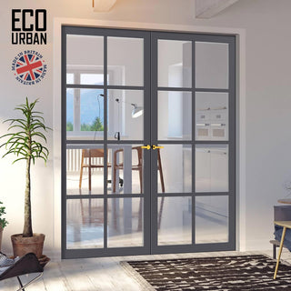 Image: Perth 8 Pane Solid Wood Internal Door Pair UK Made DD6318G - Clear Glass - Eco-Urban® Stormy Grey Premium Primed