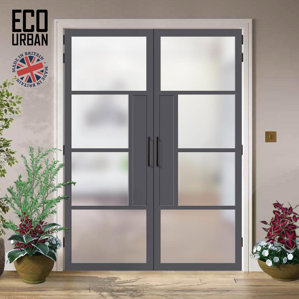 Eco-Urban Boston 4 Pane Solid Wood Internal Door Pair UK Made DD6311SG - Frosted Glass - Eco-Urban® Stormy Grey Premium Primed