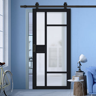 Image: Top Mounted Black Sliding Track & Solid Wood Door - Eco-Urban® Jura 5 Pane 1 Panel Solid Wood Door DD6431SG Frosted Glass - Shadow Black Premium Primed