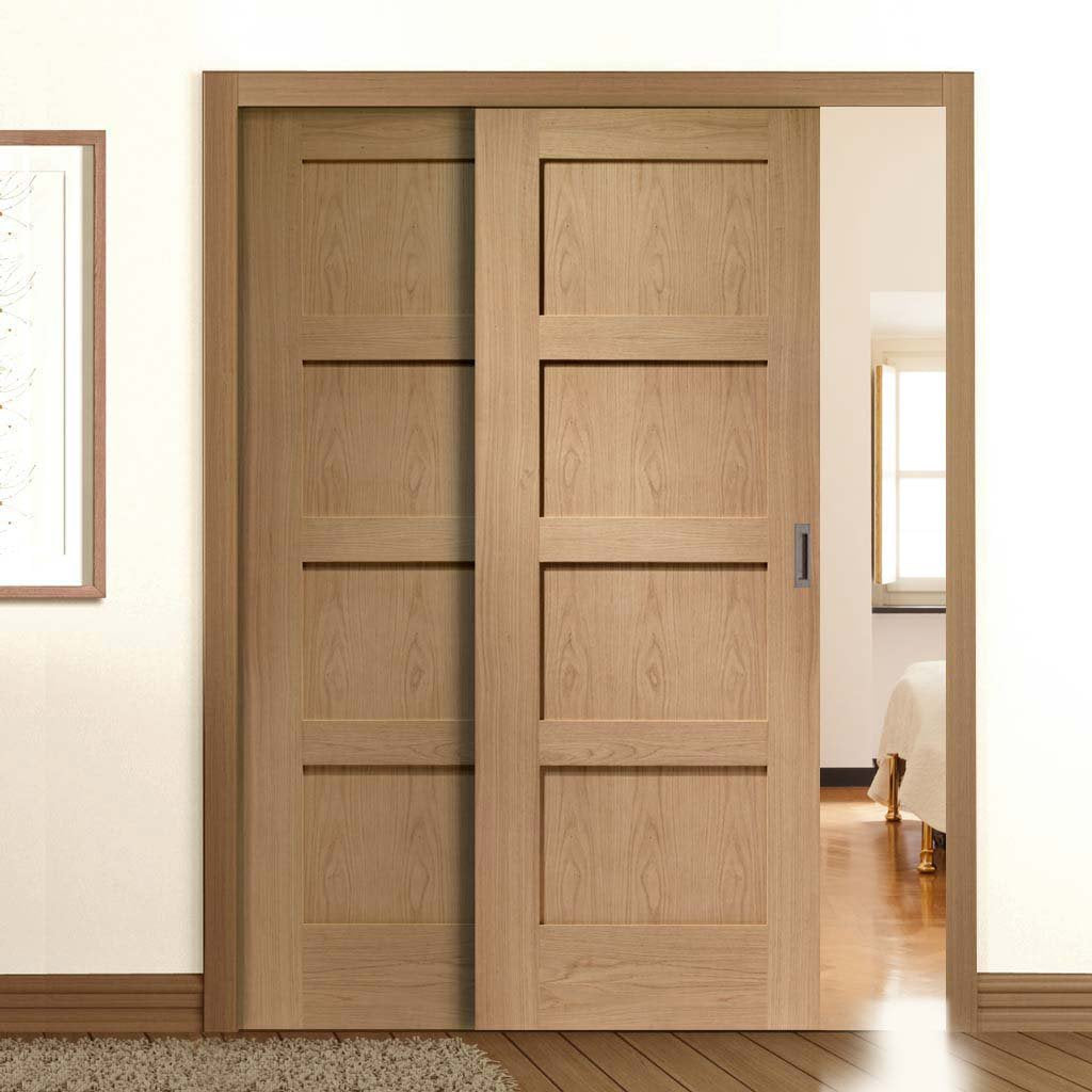 Two Sliding Doors and Frame Kit - Shaker Oak 4 Panel Door - Unfinished