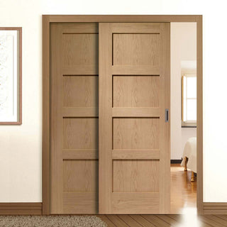 Image: Two Sliding Doors and Frame Kit - Shaker Oak 4 Panel Door - Unfinished