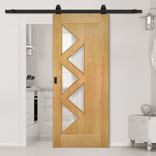 Image: Top Mounted Black Sliding Track & Door - Ely 5 Panes Glazed Oak Door - Prefinished