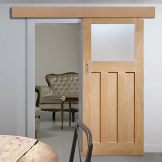 Image: Single Sliding Door & Wall Track - DX 1930's Oak Door - Obscure Glass - Prefinished