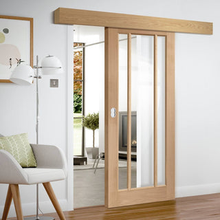 Image: Single Sliding Door & Wall Track - Worcester Oak 3 Pane Door - Clear Glass - Unfinished