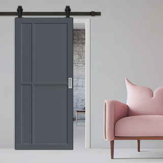 Image: Top Mounted Black Sliding Track & Solid Wood Door - Eco-Urban® Marfa 4 Panel Solid Wood Door DD6313 - Stormy Grey Premium Primed