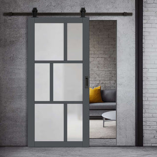 Image: Top Mounted Black Sliding Track & Solid Wood Door - Eco-Urban® Milan 6 Pane Solid Wood Door DD6422SG Frosted Glass - Stormy Grey Premium Primed